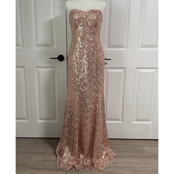 Azazie Women's Pink Sequin Sweetheart Neck Maxi Dress Size A8 - Picture 1 of 16
